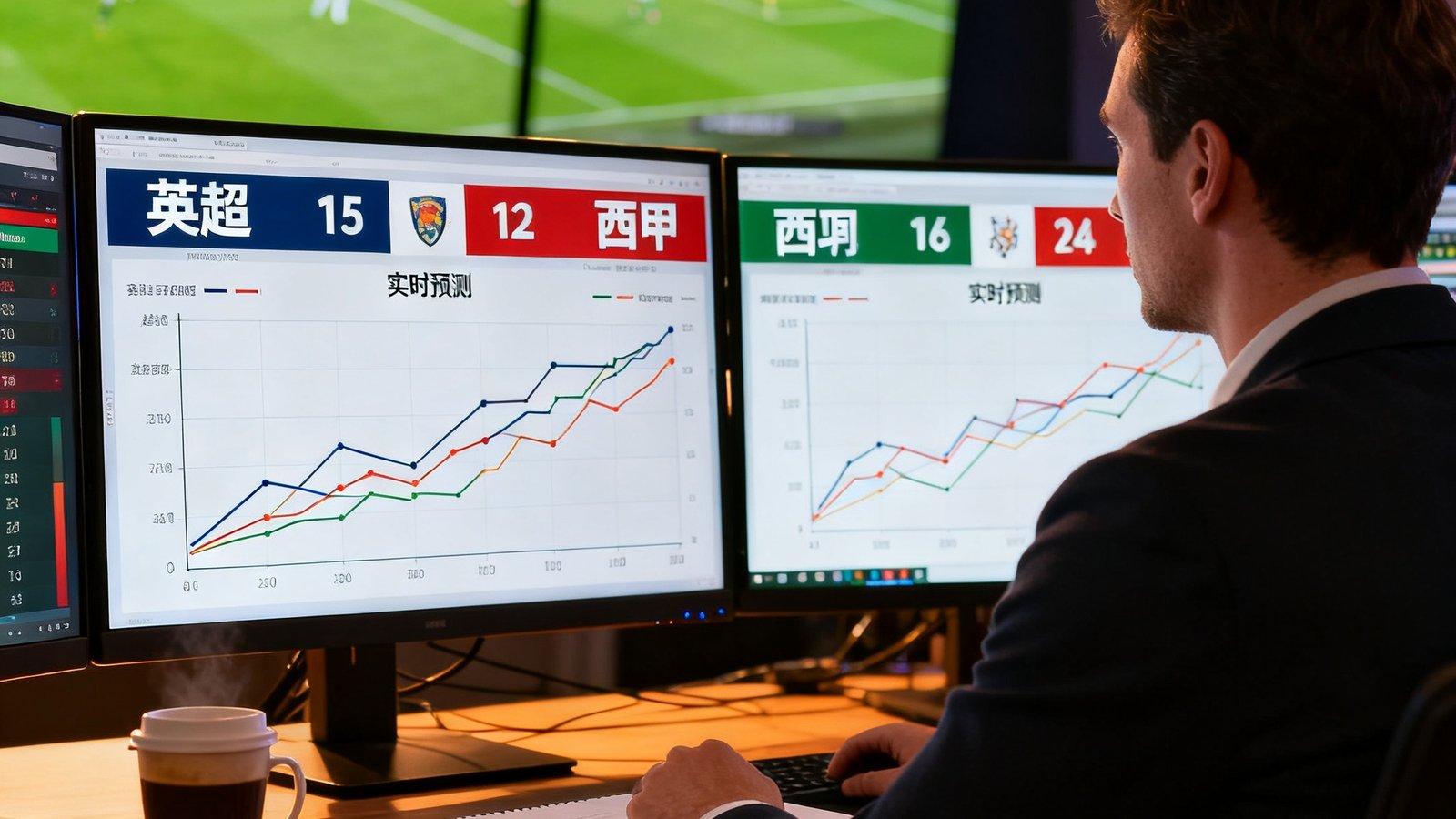 足球预测英雄区：分析师正在观看比赛屏幕，显示英超、西甲实时比分和预测图表